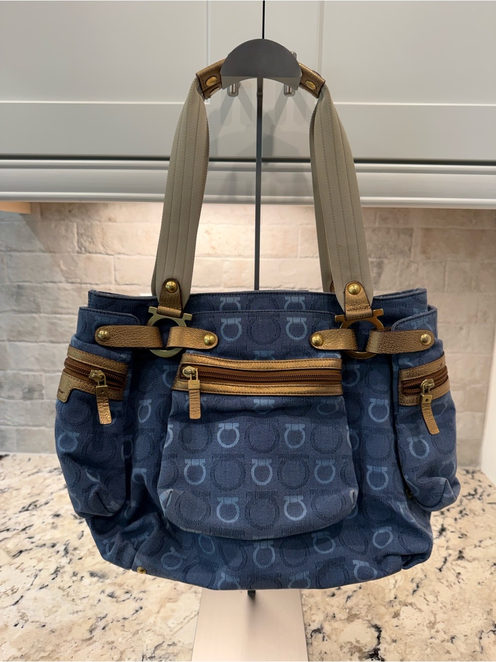 Salvatore Ferragamo EUC Gancini Jacquard Multi-Pocket Denim Shoulder Bag